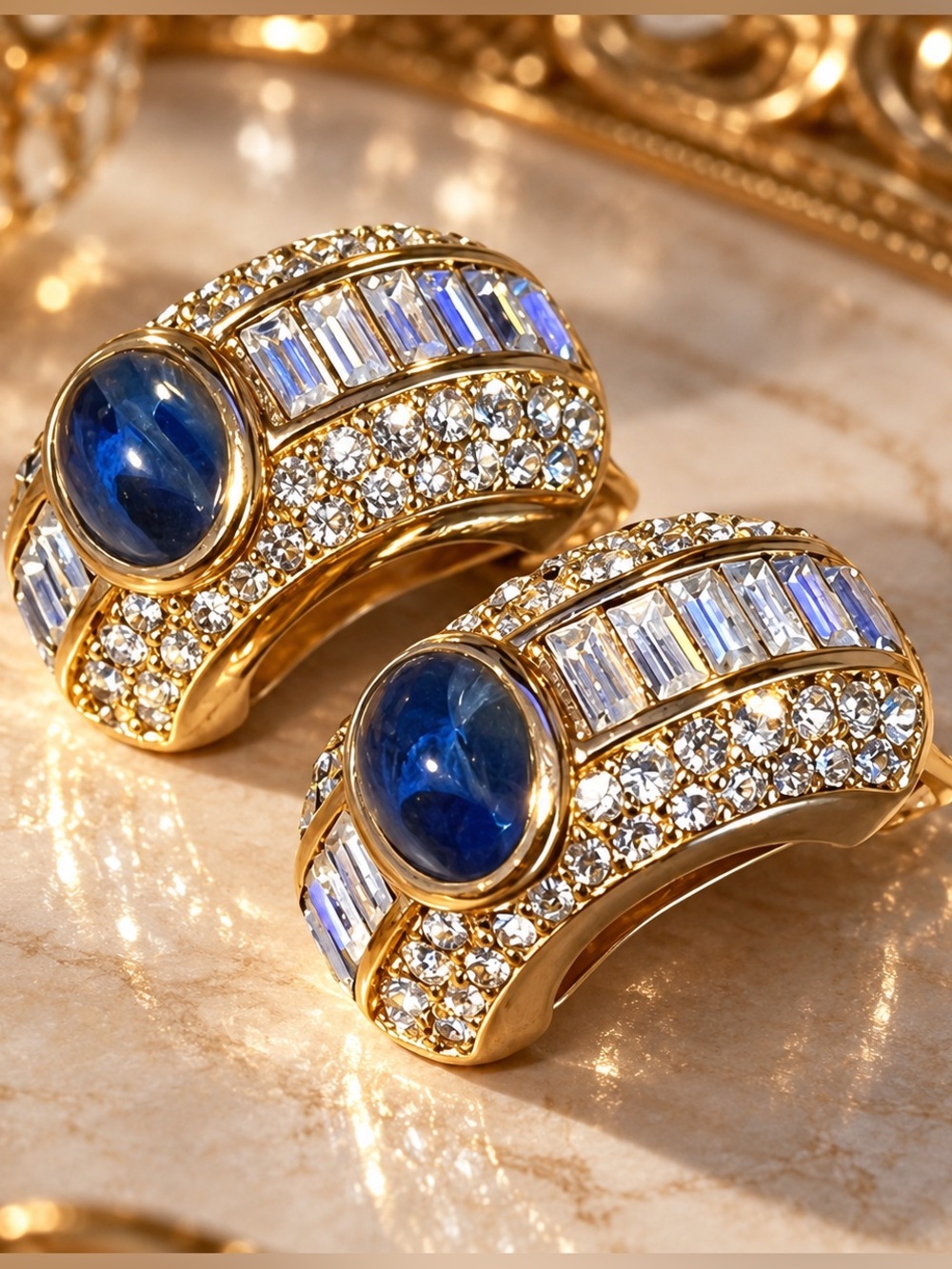 Vtg Christian Dior Clip On Earrings Blue Cabochon Rhinestone Baguette Gold Tone